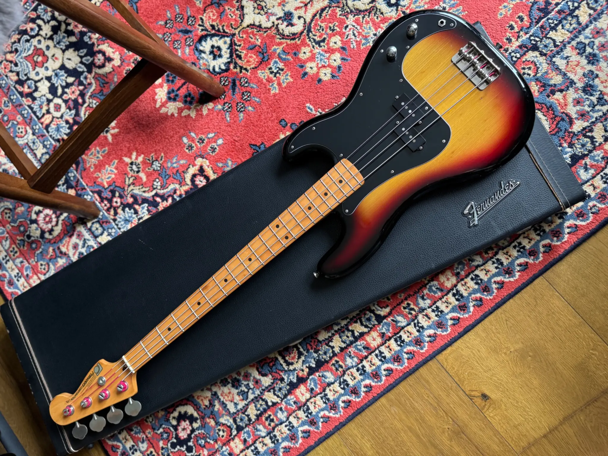 A. T.’s Fernandes FPB-50 YS bass on its case