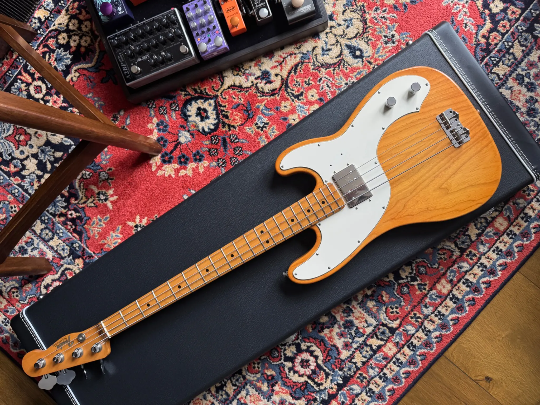 Bram V.’s Telecaster Bass Style Partscaster resting on its case