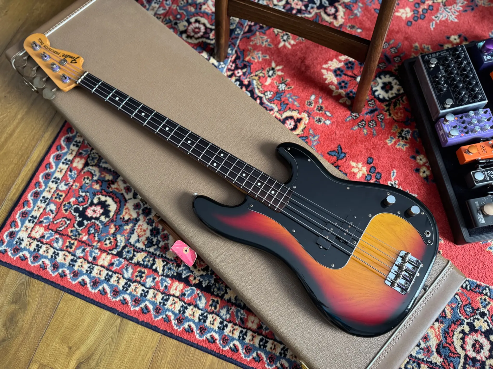 Mathias G.’s Fender Japan PB70-70R bass resting on a chair