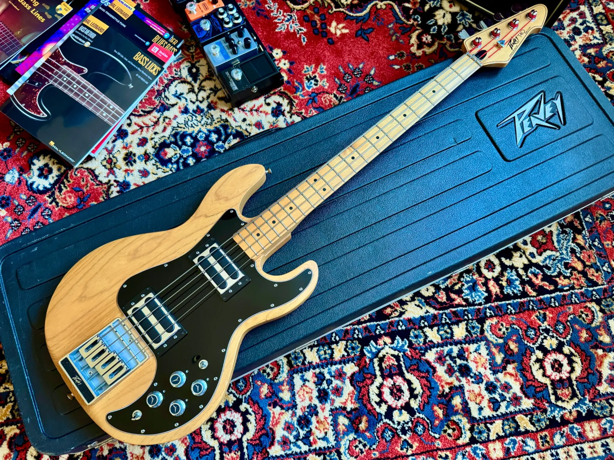 Nordian L.’s natural-finish Peavey T-40 resting on its case
